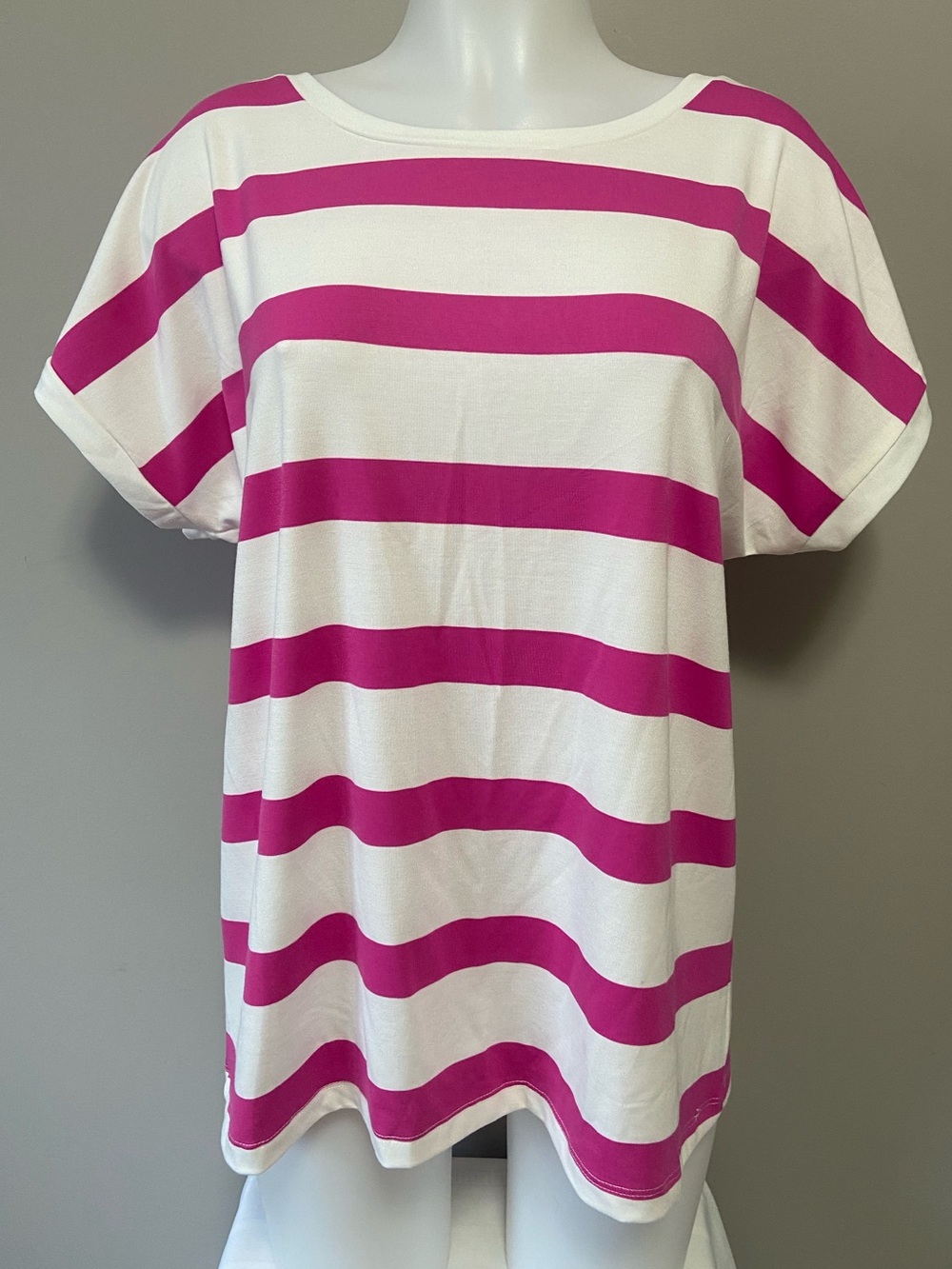 Suzy Shier White and Fuchsia Striped Boatneck Tee